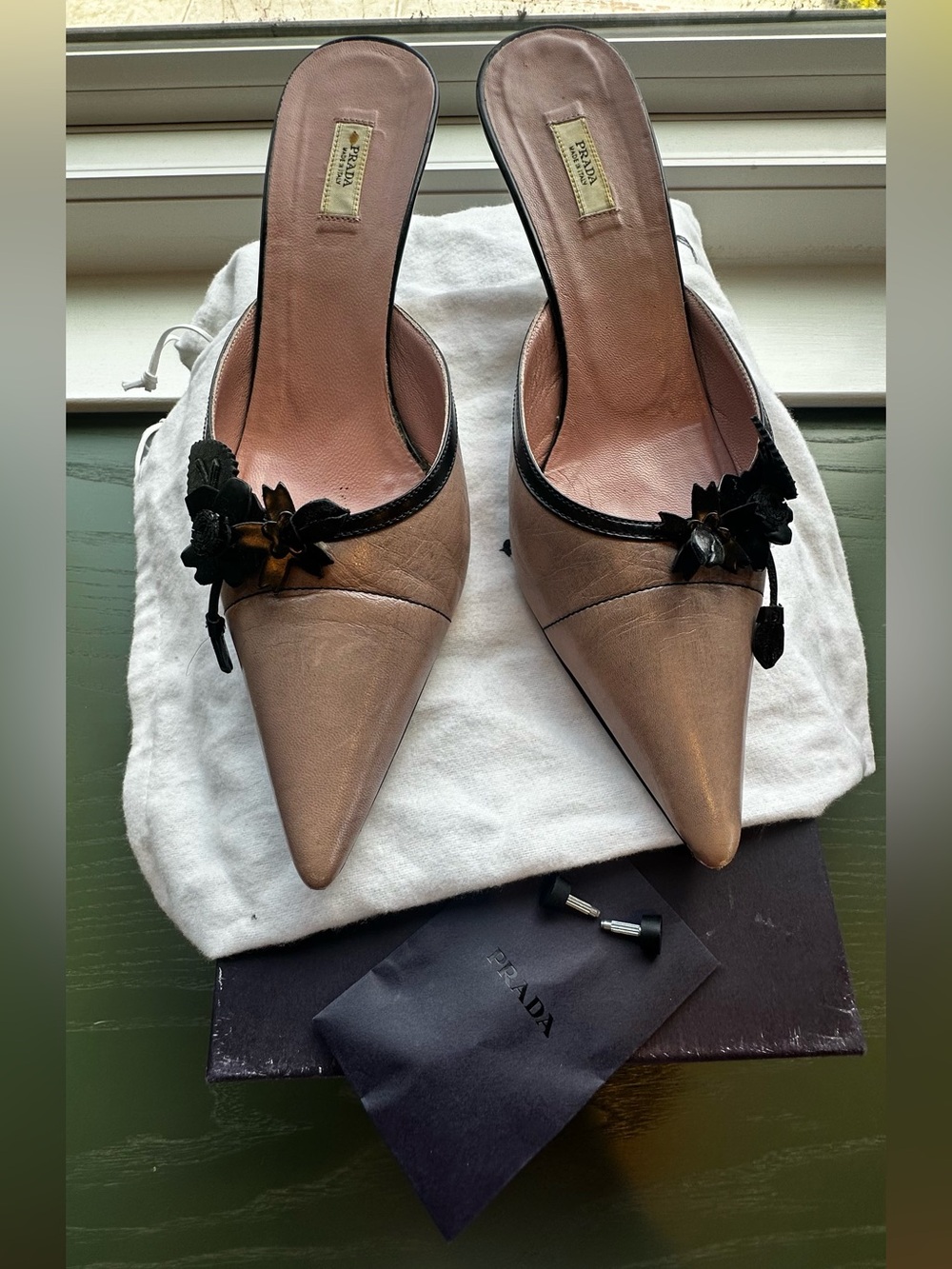 Prada Pink Pointed-Toe Slip-On Mules with Black Floral Trim - Picture 9 of 16
